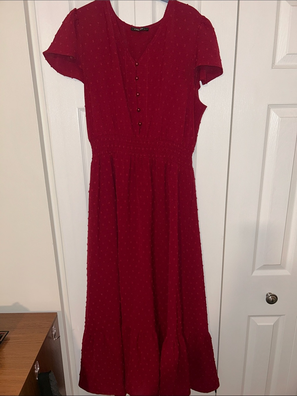 Amazon Red Maxi Dress XL Button Detail Ruffle Hem Smocked Waist